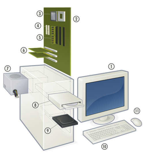 Sơ đồ máy tính để bàn đánh số 11 bộ phận từ màn hình, bo mạch chủ, CPU đến chuột