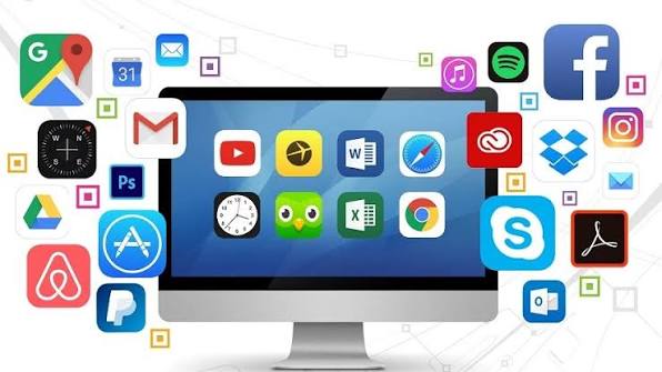 Màn hình máy tính cùng các biểu tượng ứng dụng và phần mềm phổ biến